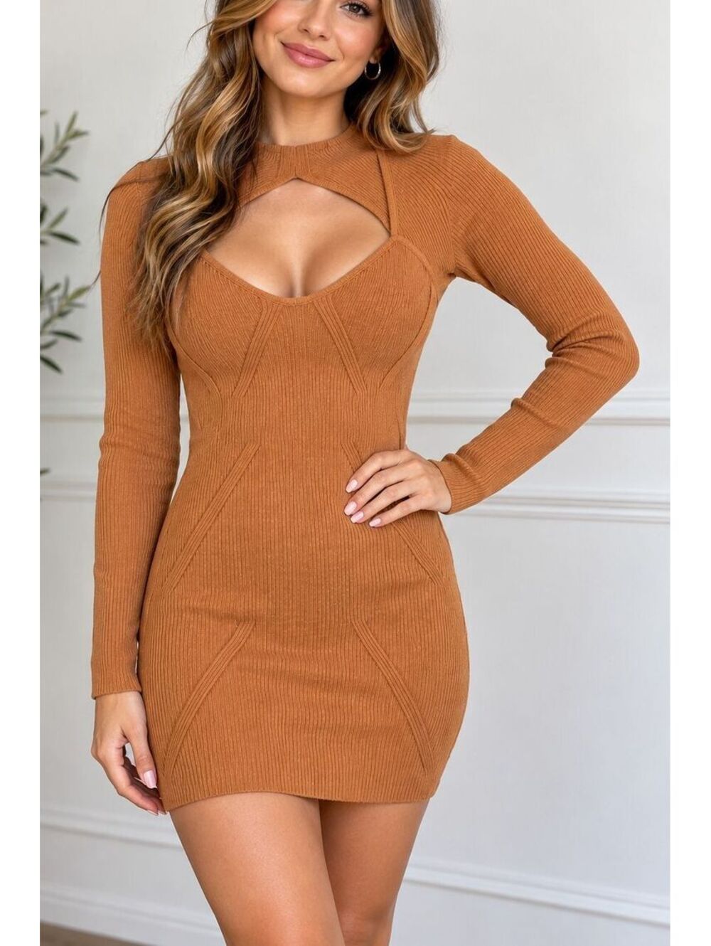 Lulus SW8638L Fresh Trends Camel Ribbed Cutout Sweater Dress XS NWT